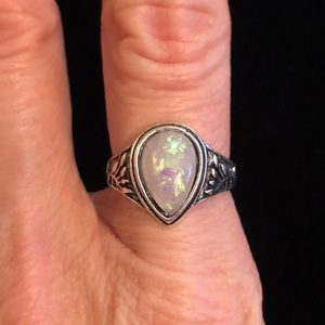 Elegant Silver Tone Faux Opal Ring